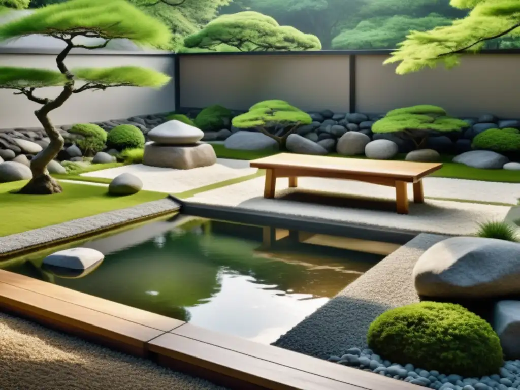 Jardín japonés sereno con diseño Feng Shui, rodeado de vegetación exuberante y estanque tranquilo