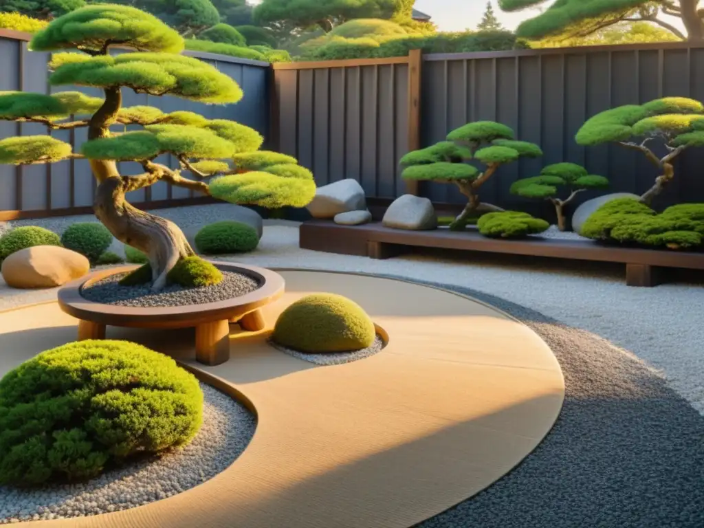 Jardín japonés sereno con Técnicas Feng Shui resiliencia climática: grava, bonsáis, puente, valla de madera y luz del atardecer