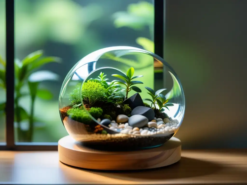 Un sereno terrario minimalista con piedras cuidadosamente dispuestas y un pequeño árbol bonsái, iluminado por luz natural suave