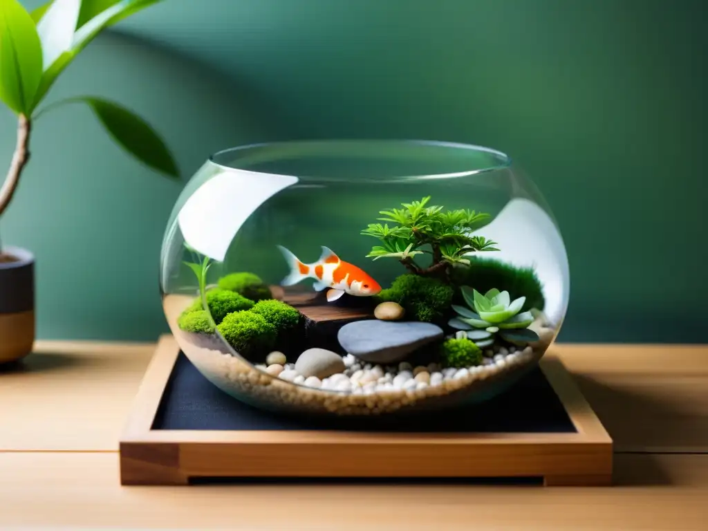 Un sereno terrario minimalista con jardín Zen, rocas, bonsái y un tranquilo estanque con un koi