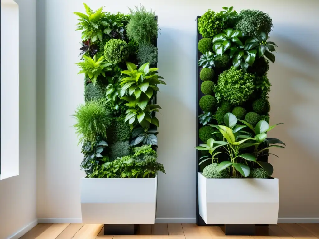 Un sereno jardín Feng Shui vertical con arbustos, árboles y vegetación exuberante en cascada, bañado por la luz solar