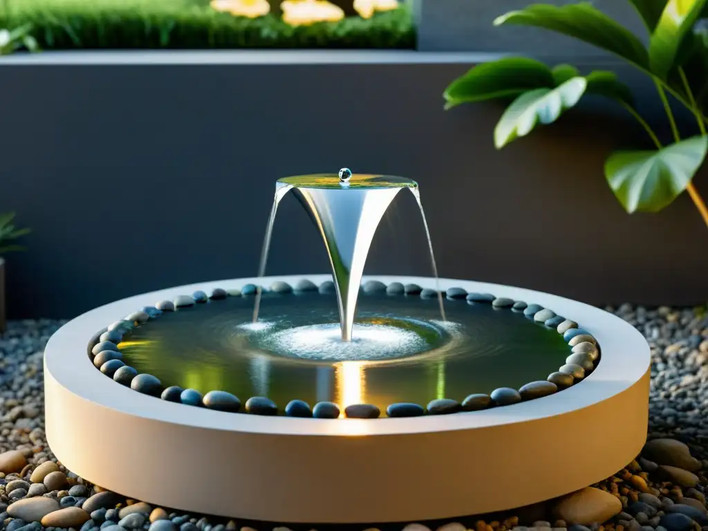 Símbolos de Prosperidad Feng Shui: Fuente de agua minimalista con piedras pulidas y cascada suave que refleja la luz ambiental