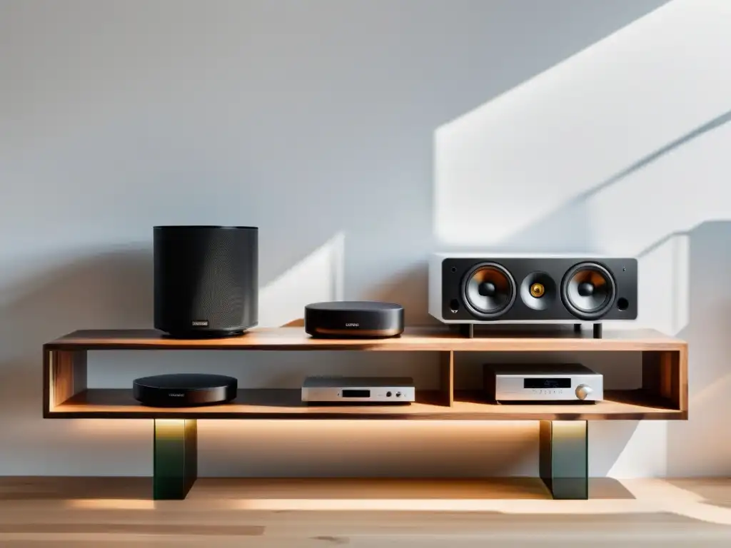 Un sistema de sonido moderno y elegante con altavoces inalámbricos y un subwoofer en una estantería de madera minimalista frente a una pared blanca