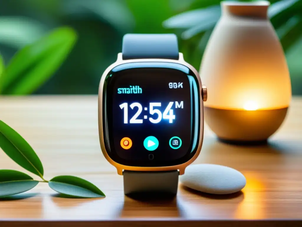 Smartwatch moderno en escritorio de madera rodeado de elementos calmantes, armonizando Feng Shui y tecnología wearable