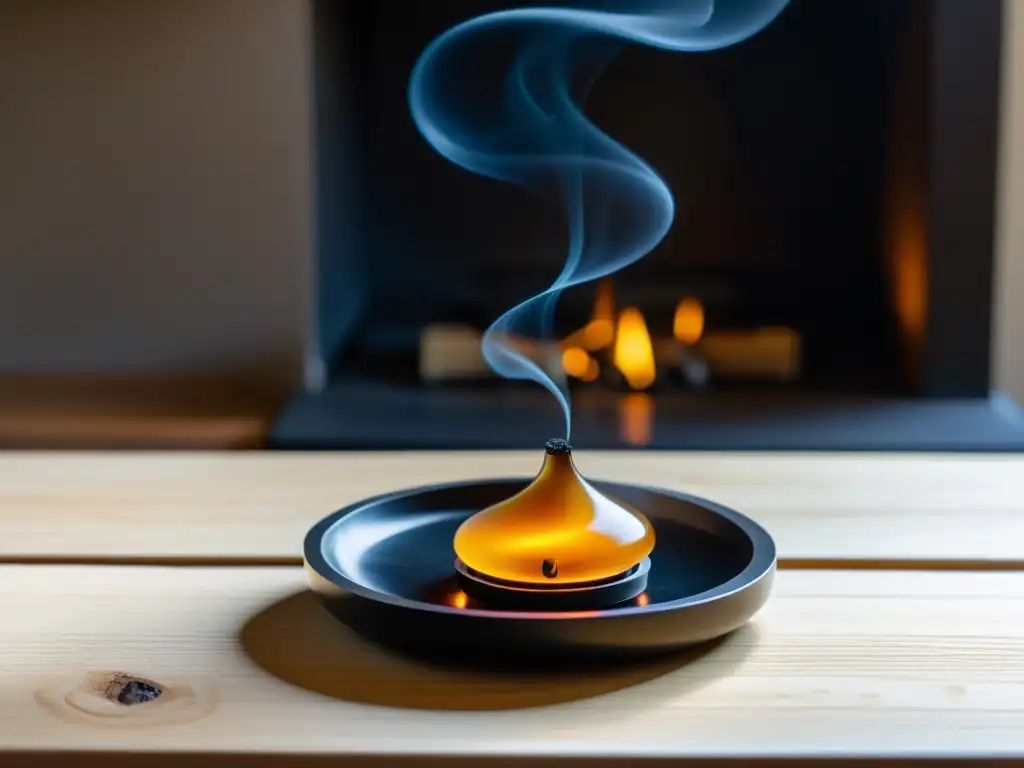 Un soporte de incienso de obsidiana negra en una mesa de madera, con un ambiente sereno y aromas de incienso y esencias para feng shui