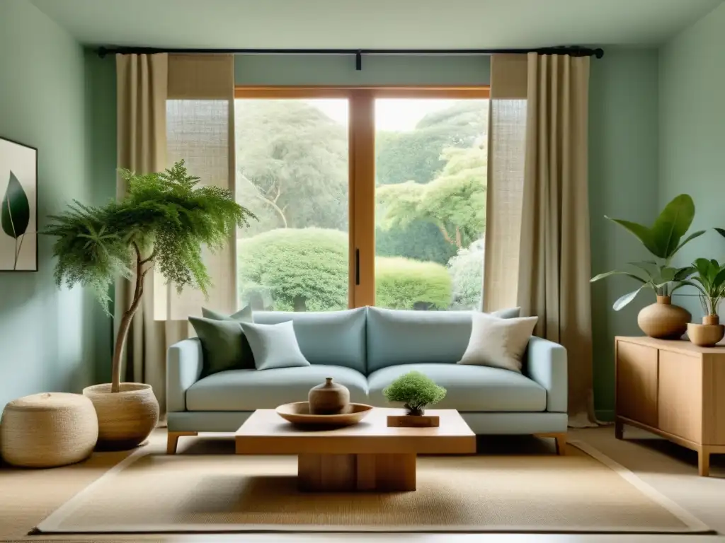 Armonización hogar Feng Shui sostenible: Sala minimalista con vista a jardín, tonos naturales y serenidad