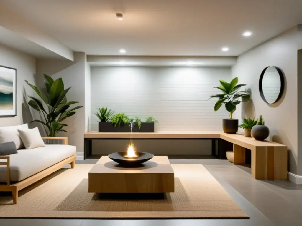 Liberación de sótano con Feng Shui: Espacio minimalista, zen, con elementos de Feng Shui que promueven calma y armonía