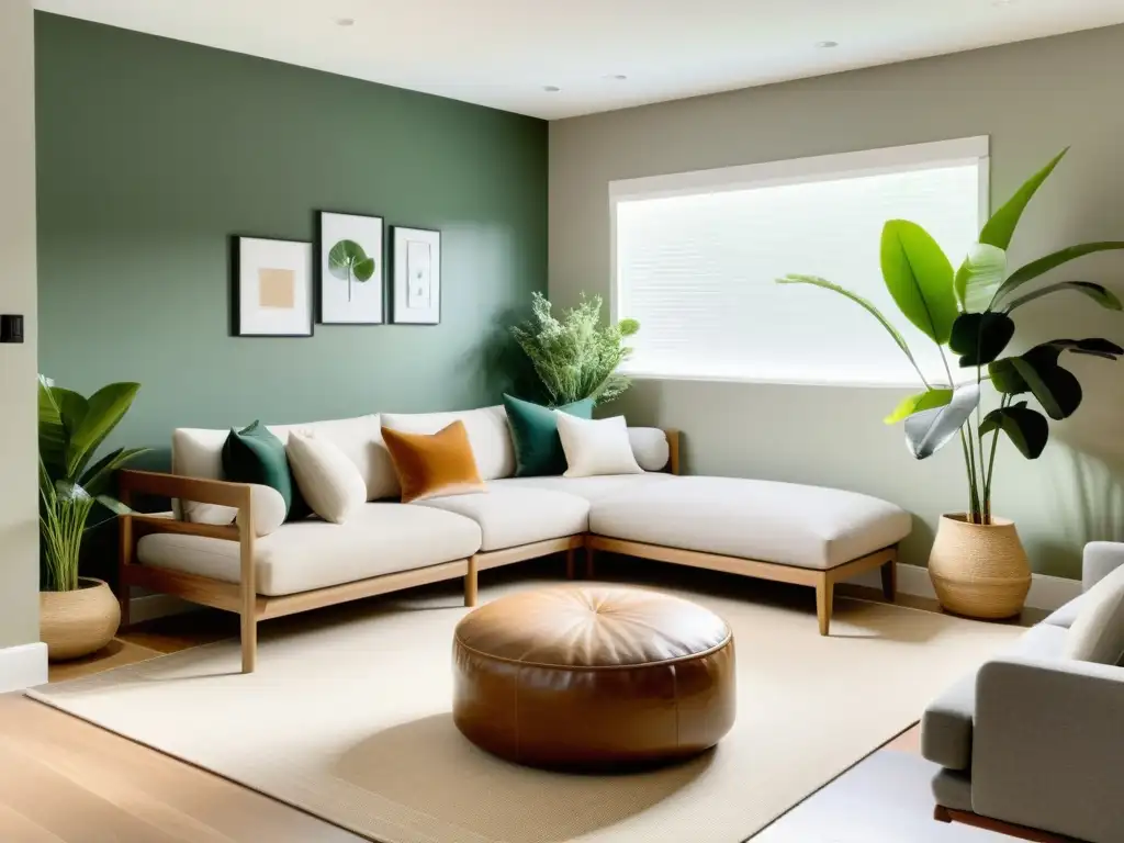 Transformación de sótano en oasis Feng Shui: Espacio sereno y minimalista con iluminación natural, cojines acogedores y plantas exuberantes