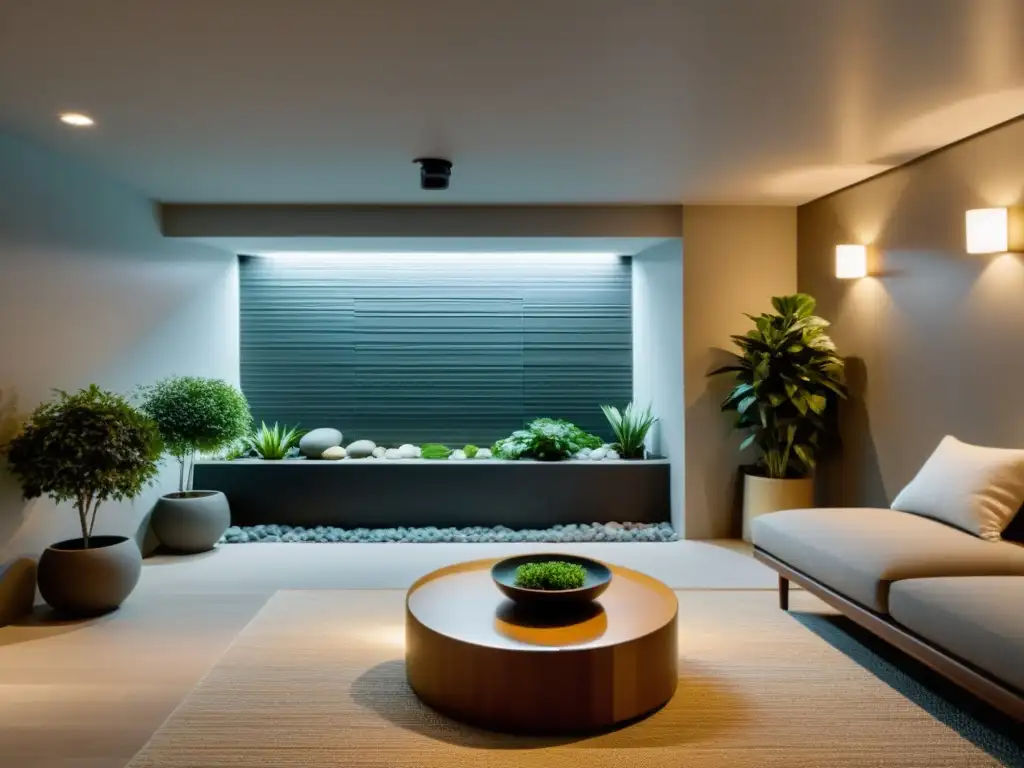 Transformación de sótano en oasis Feng Shui: Renovado sótano con iluminación suave, asientos cómodos y elementos de calma como una cascada interior y plantas