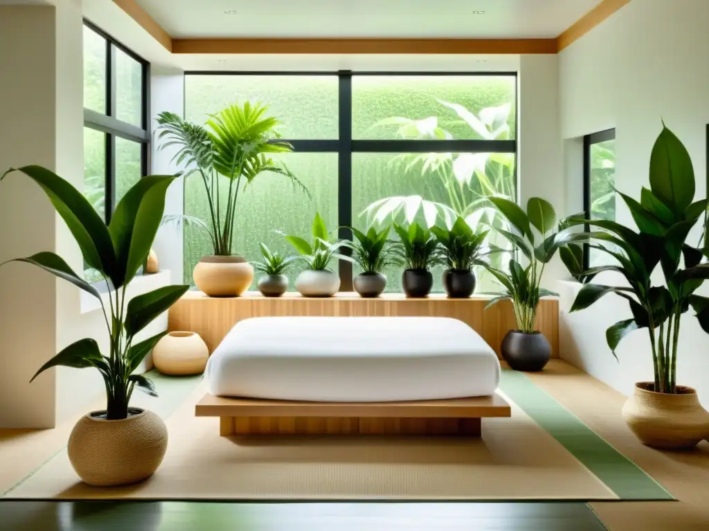 Un spa sereno con decoración minimalista y plantas purificadoras Feng Shui, crea un ambiente de armonía y rejuvenación