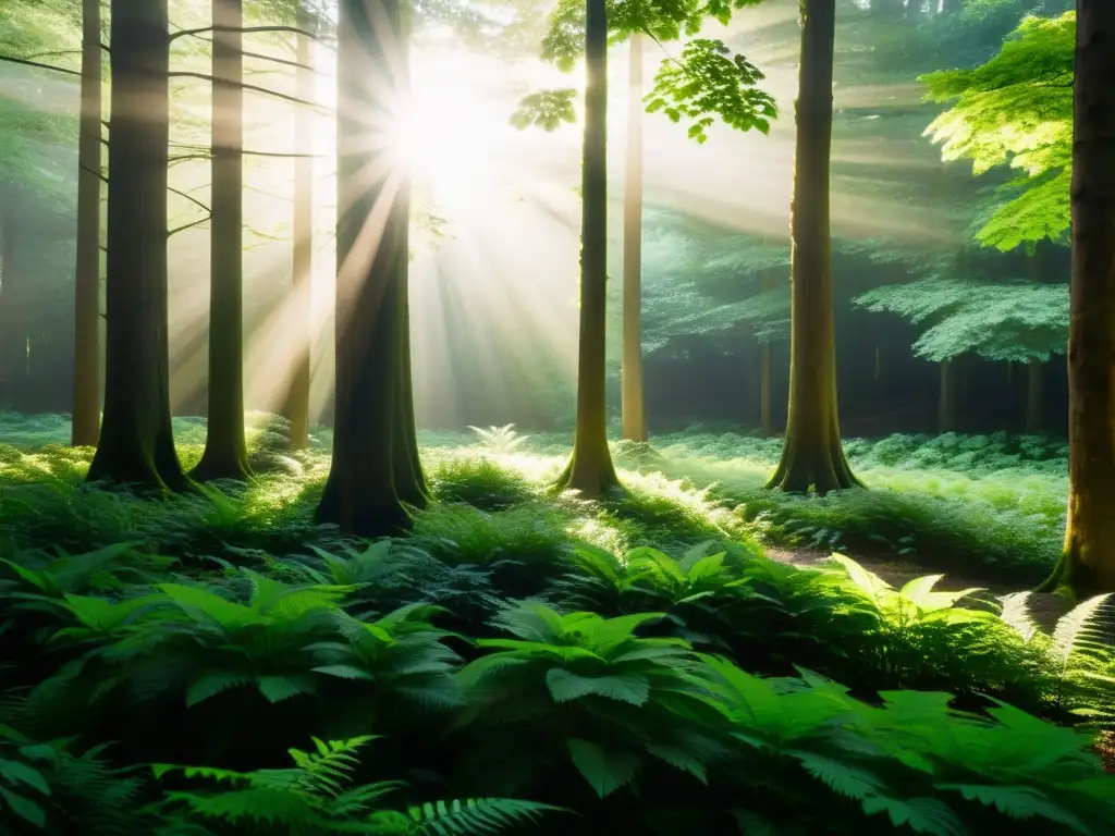 Suave luz natural ilumina un bosque verde, creando armonía y tranquilidad