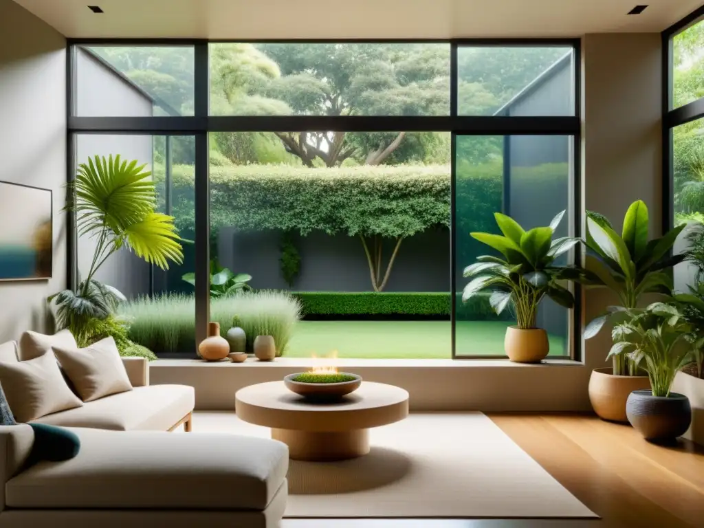 Feng Shui vida sustentable casa: Sala minimalista con ventana grande, decoración en tonos tierra y ambiente sereno con fuente y plantas