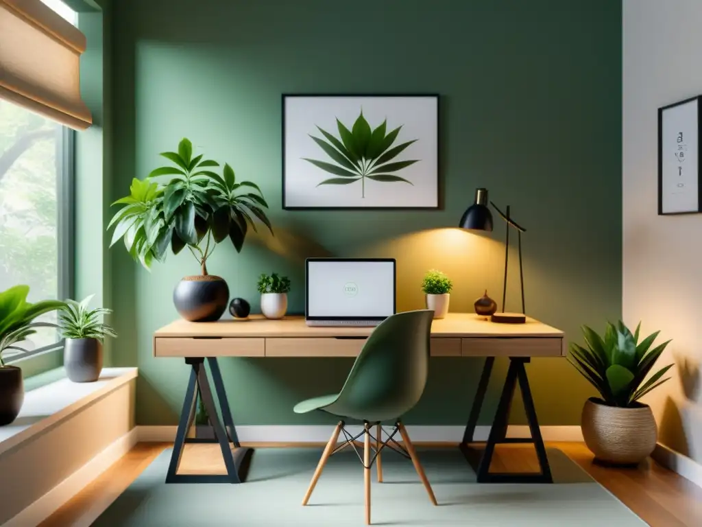 Talleres virtuales de Feng Shui: Un elegante y minimalista setup con escritorio, laptop, planta y luz natural, ideal para aprender y practicar