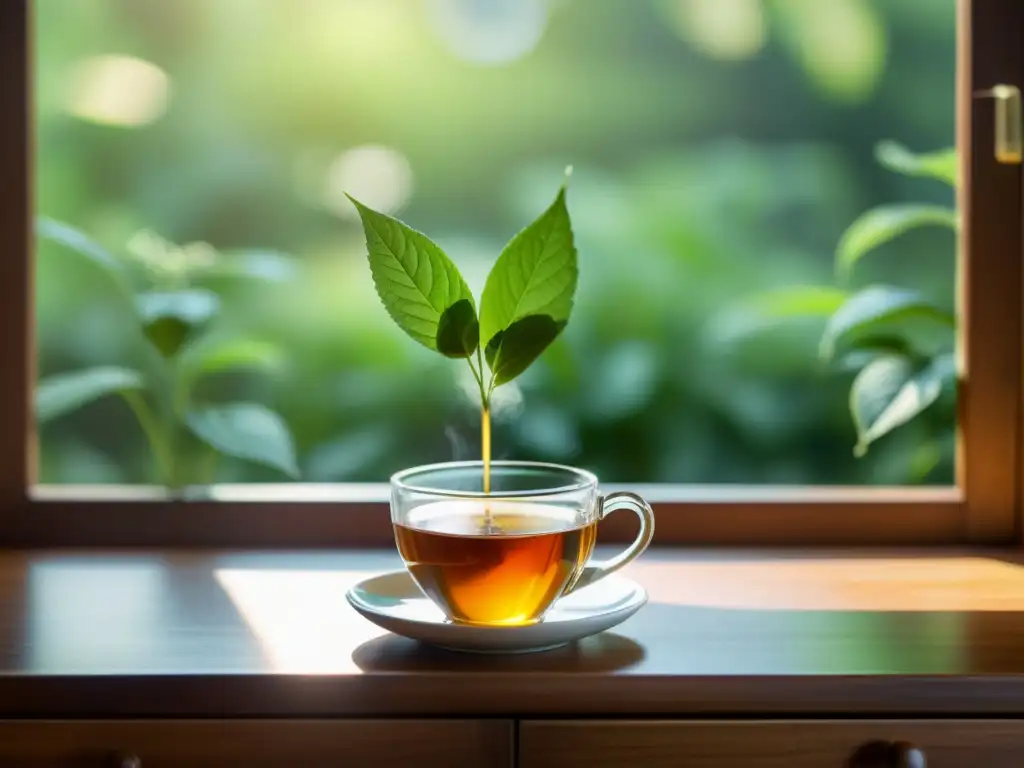 Taza de té herbal en mesa de madera con luz natural, vapor calmante