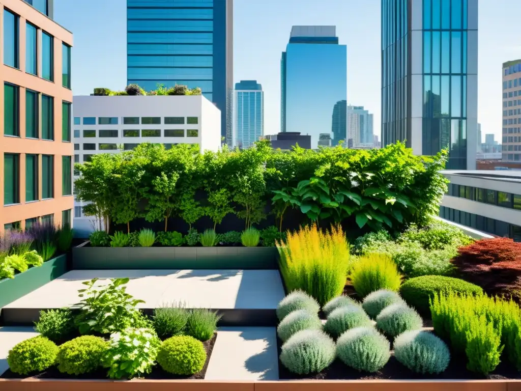 Jardín de techos verdes urbanos con plantas armoniosas y modernos edificios en contraste