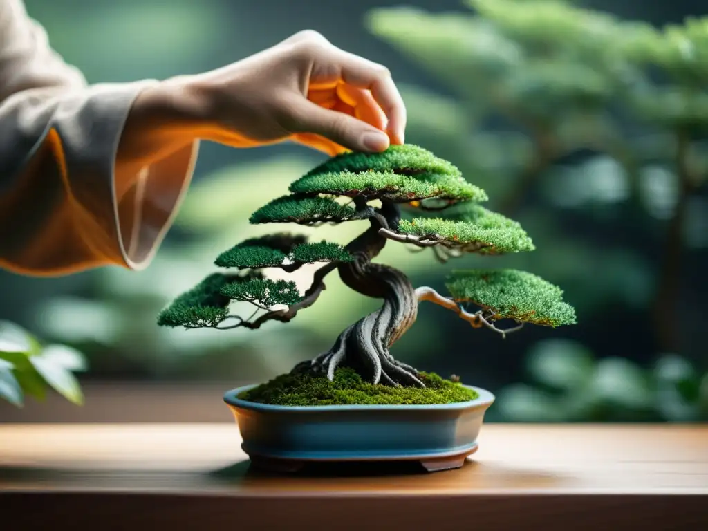 Técnica de poda de bonsái con equilibrio y armonía en un entorno natural, reflejando el arte del feng shui en el cuidado de las plantas