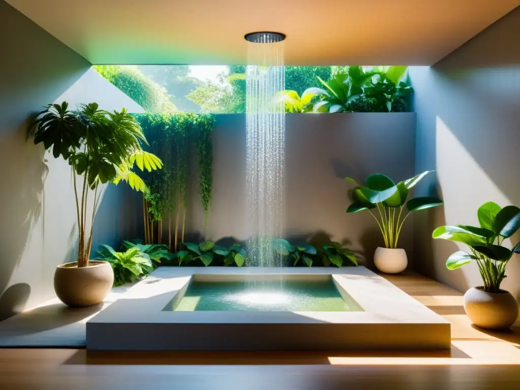 Técnicas ecológicas de purificación Feng Shui en una habitación serena con luz natural y una fuente tranquila rodeada de plantas exuberantes