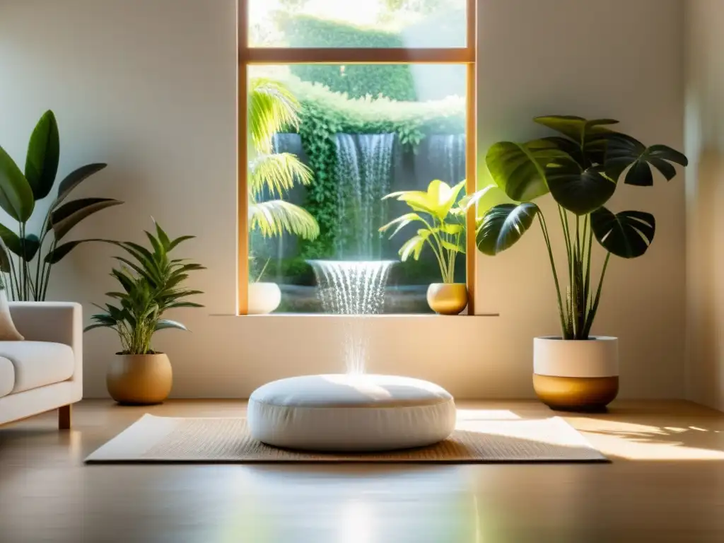 Técnicas de meditación para armonizar el hogar: Sala de estar serena con luz dorada, cojín blanco de meditación y plantas verdes