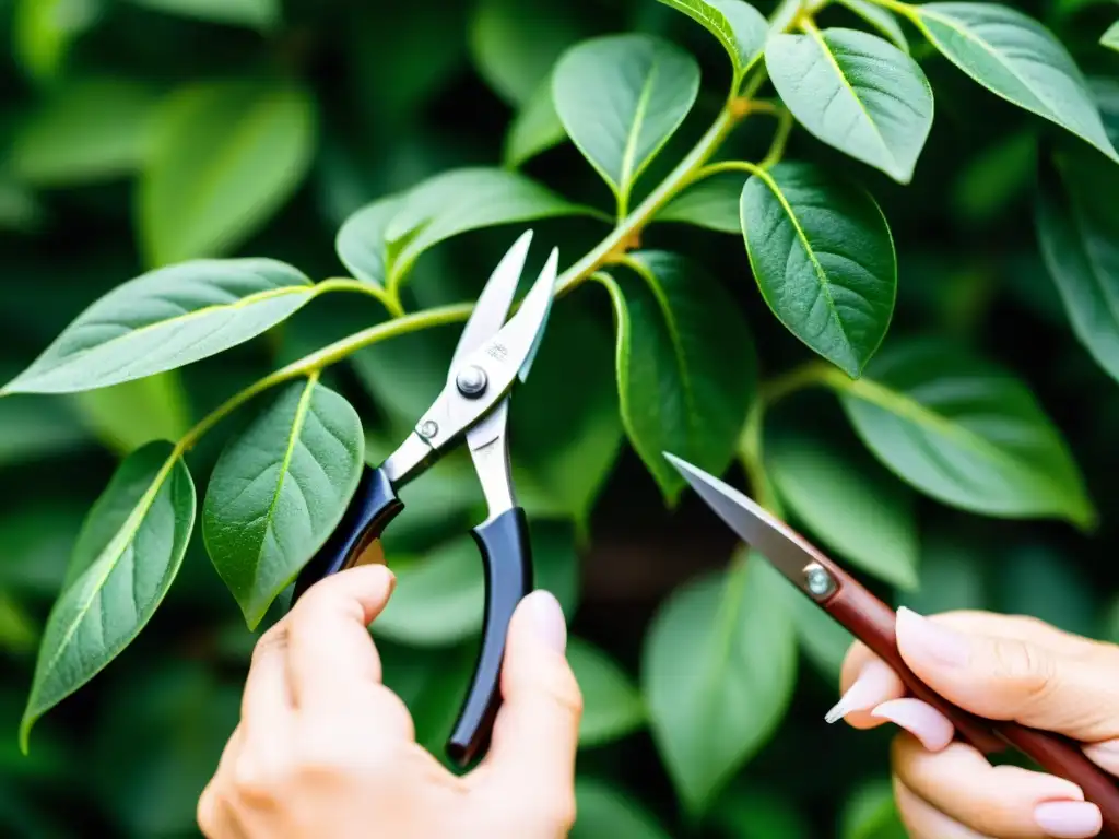 Técnicas de poda de plantas Feng Shui: manos expertas podan con delicadeza un exuberante jardín soleado