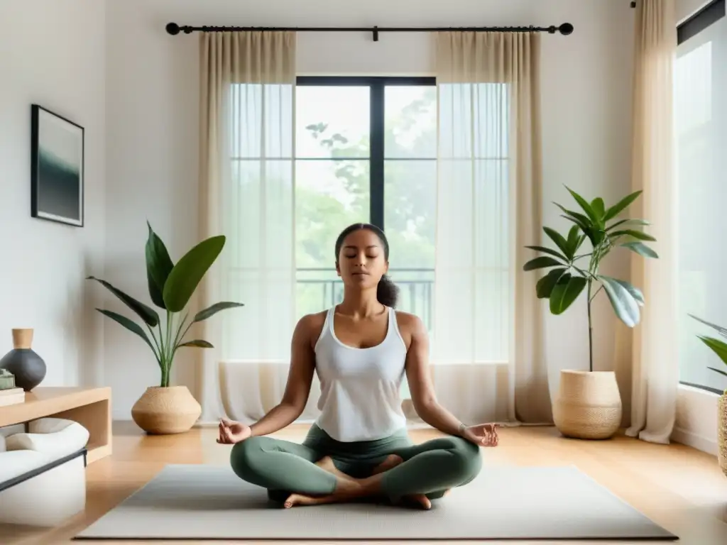 Técnicas de relajación digital en casa: Sala minimalista con luz suave y persona meditando en calma, rodeada de serenidad y equilibrio