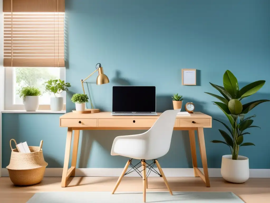 Feng Shui para teletrabajo en casa: un despacho sereno con un escritorio minimalista y una decoración equilibrada en tonos azules