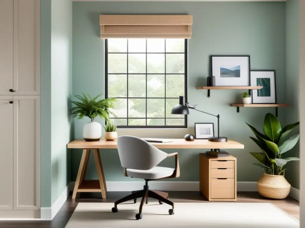 Feng Shui para teletrabajo en casa: una oficina minimalista y armoniosa con luz natural, plantas y decoración equilibrada