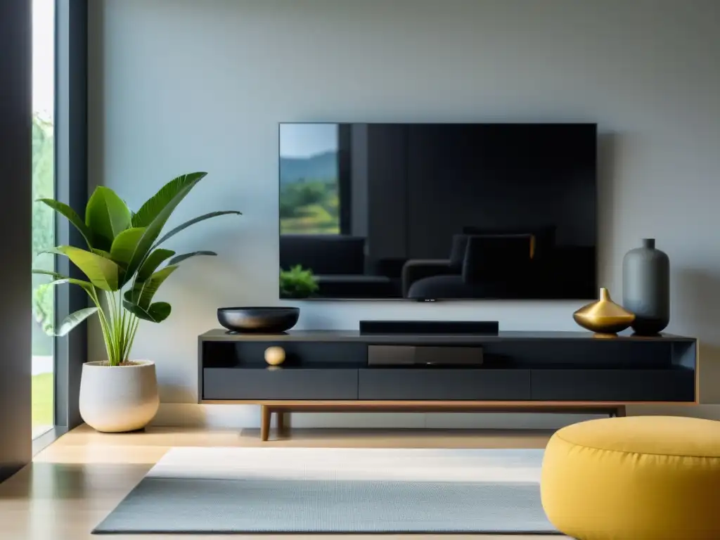 Televisor inteligente negro en armonioso salón minimalista con diseño Feng Shui en el diseño de Smart TVs