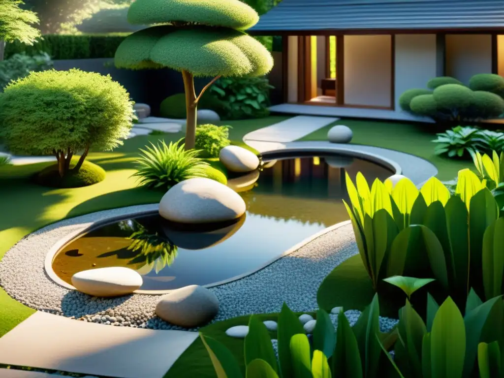 Un jardín terapéutico con armonización Feng Shui: piedras, estanque, sendero sereno y vegetación exuberante bajo la luz del sol