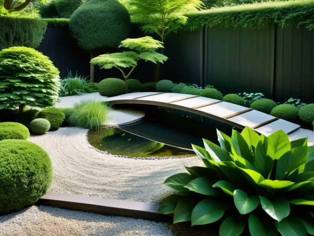 Un jardín terapéutico para armonización Feng Shui con piedras, un puente sobre un estanque y árboles y arbustos perfectamente cuidados