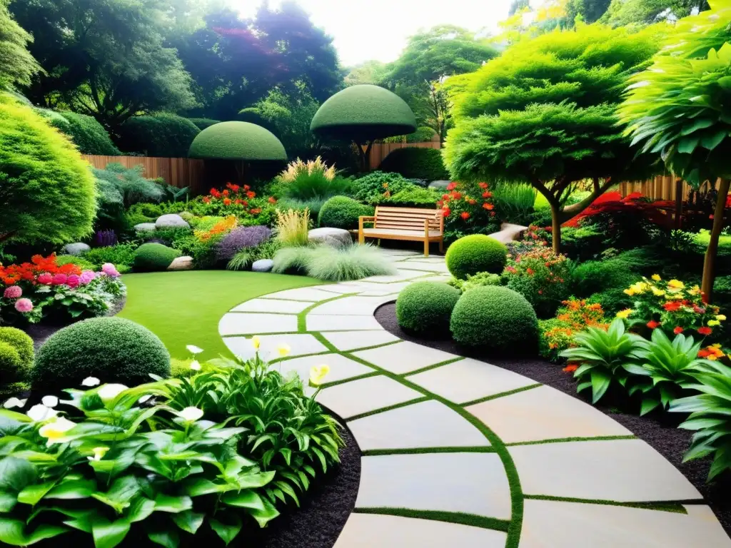 Un jardín terapéutico con senderos serpenteantes, flores vibrantes y vegetación exuberante