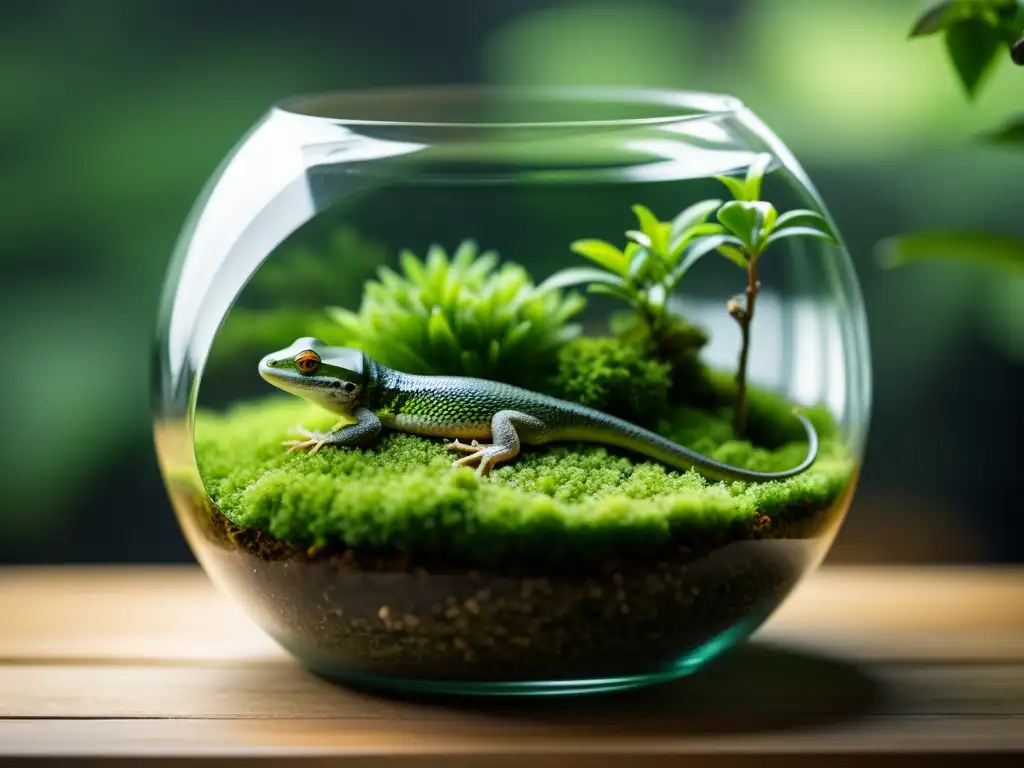 Un terrario minimalista con musgo verde exuberante, guijarros y un elegante reptil en una rama, bañado por luz suave