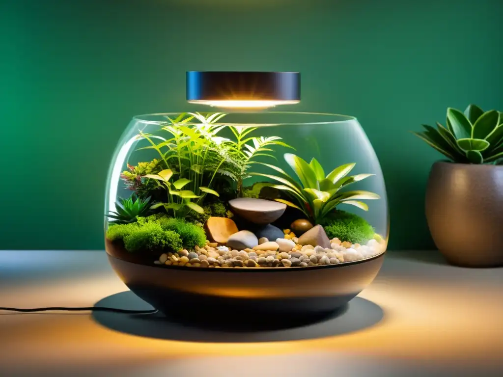 Un terrario moderno con plantas exuberantes, rocas y animales coloridos coexistiendo pacíficamente bajo la luz LED