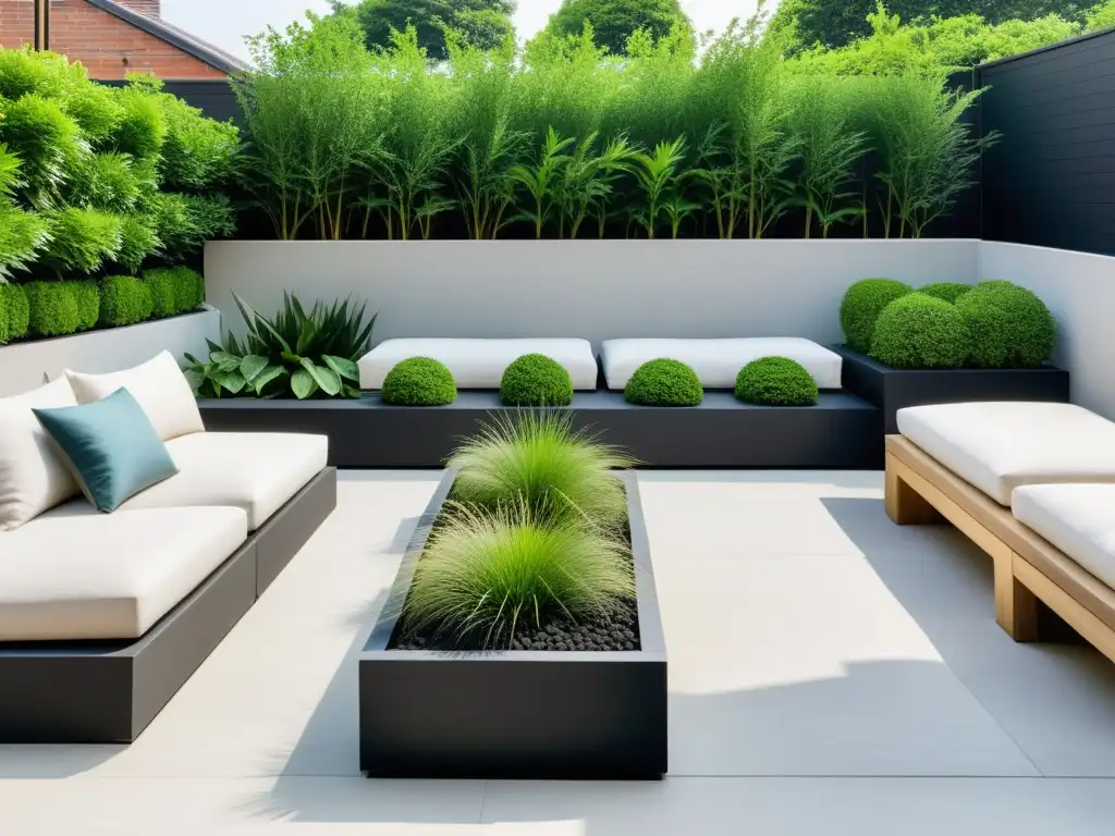 Un jardín de terraza minimalista con plantas y muebles alineados, armonioso y en línea con el Feng Shui