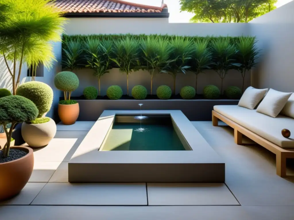 Un jardín de terraza sereno con influencia Feng Shui: plantas, agua, y armonía