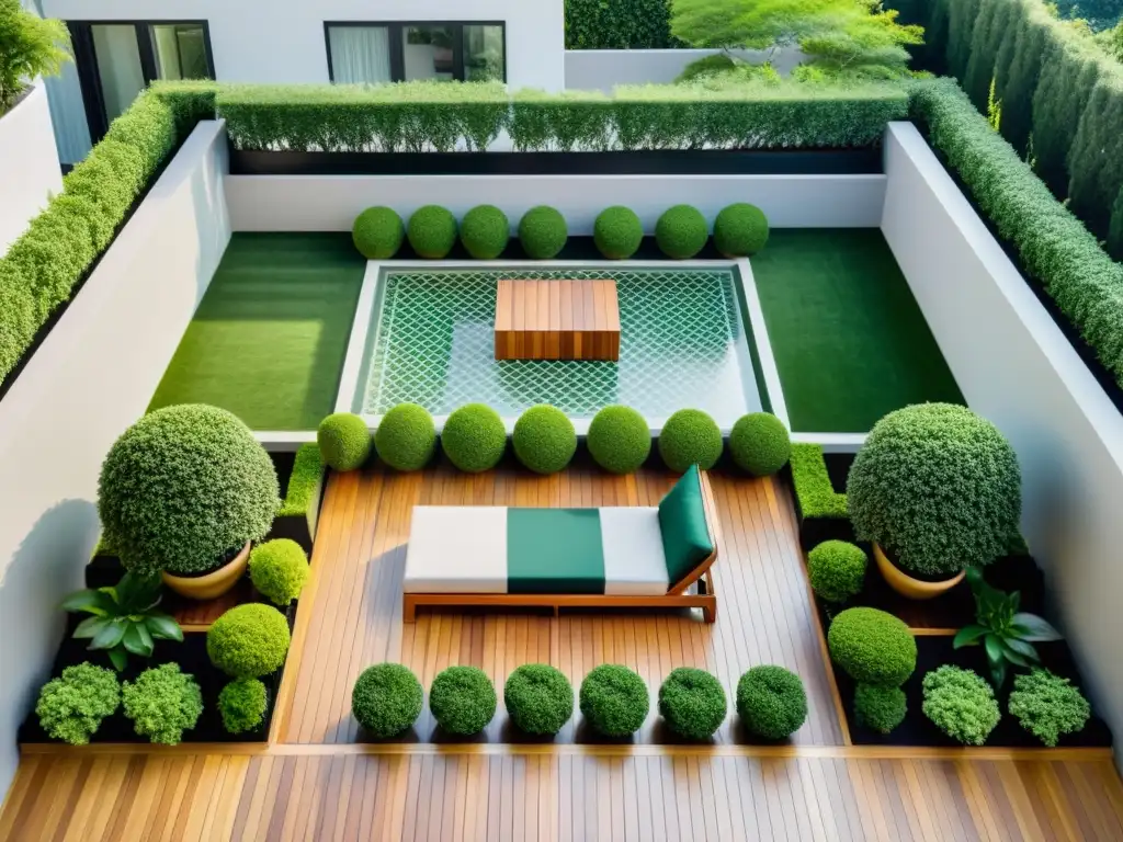 Un jardín de terraza sereno y minimalista con influencia del Feng Shui