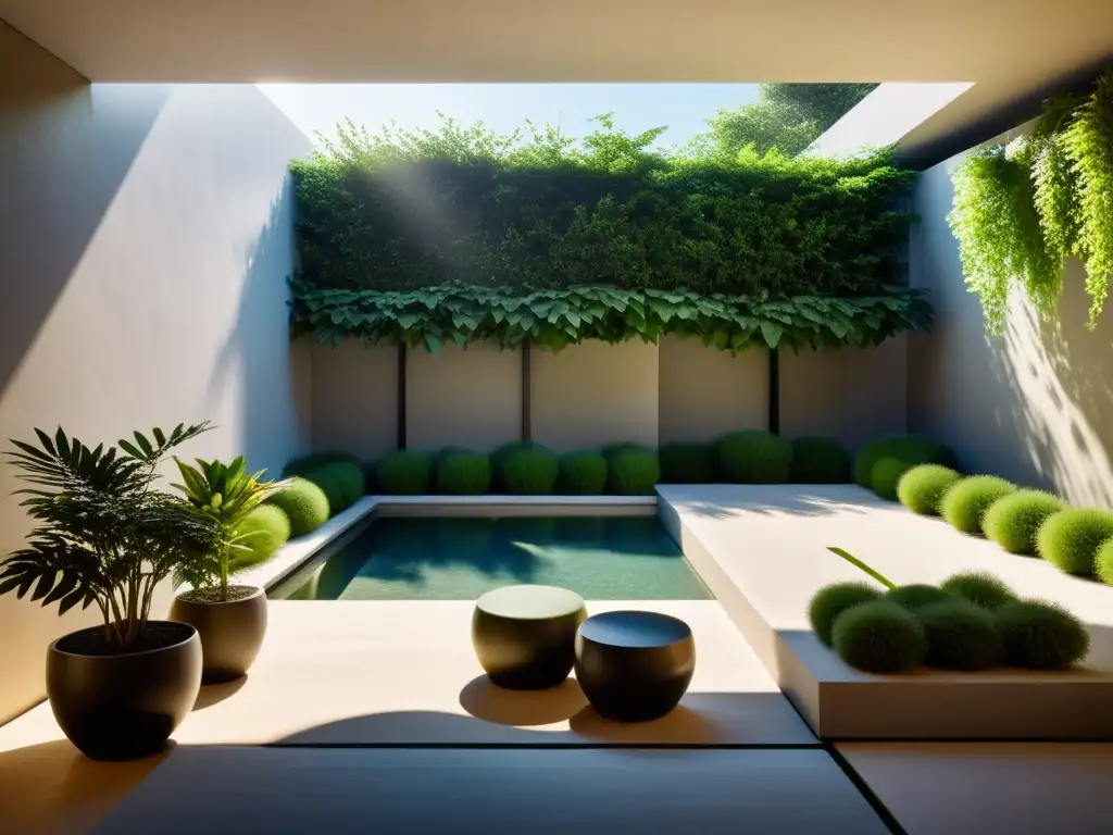 Renovando terraza con técnicas Feng Shui: armonía y tranquilidad en un espacio minimalista con agua y plantas