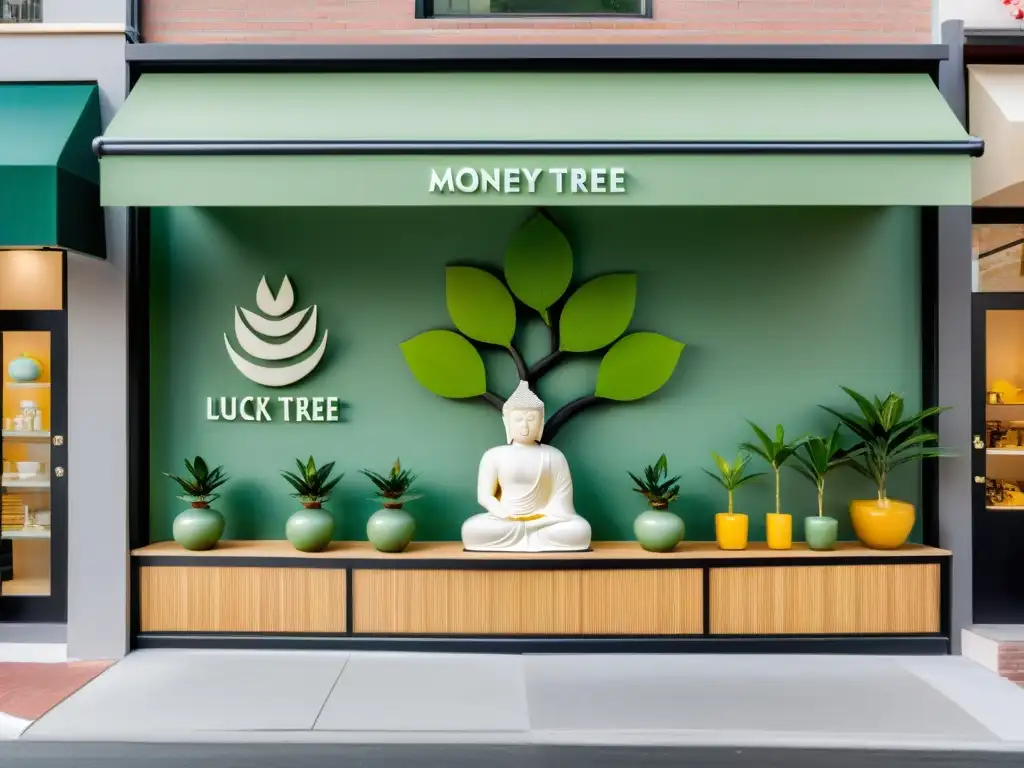 Tienda minimalista con diseño moderno y objetos de Feng Shui para comercio, transmite armonía y prosperidad