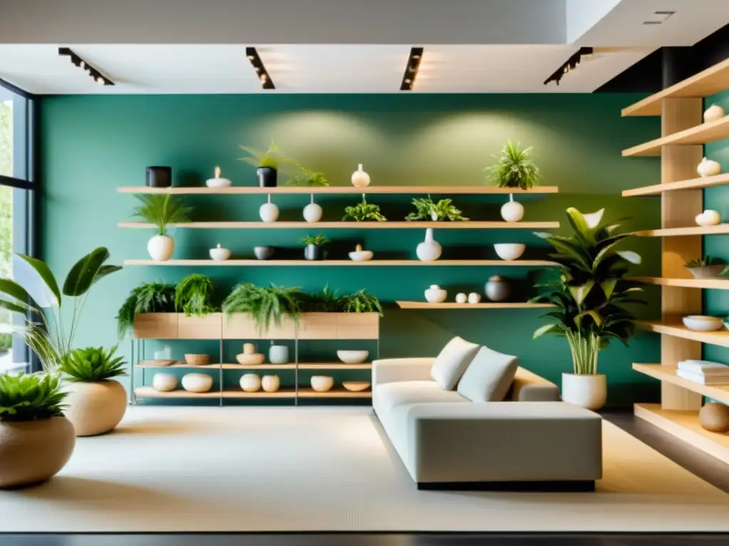 Tienda moderna con impacto del Feng Shui, decoración minimalista, ambiente equilibrado y plantas estratégicamente ubicadas