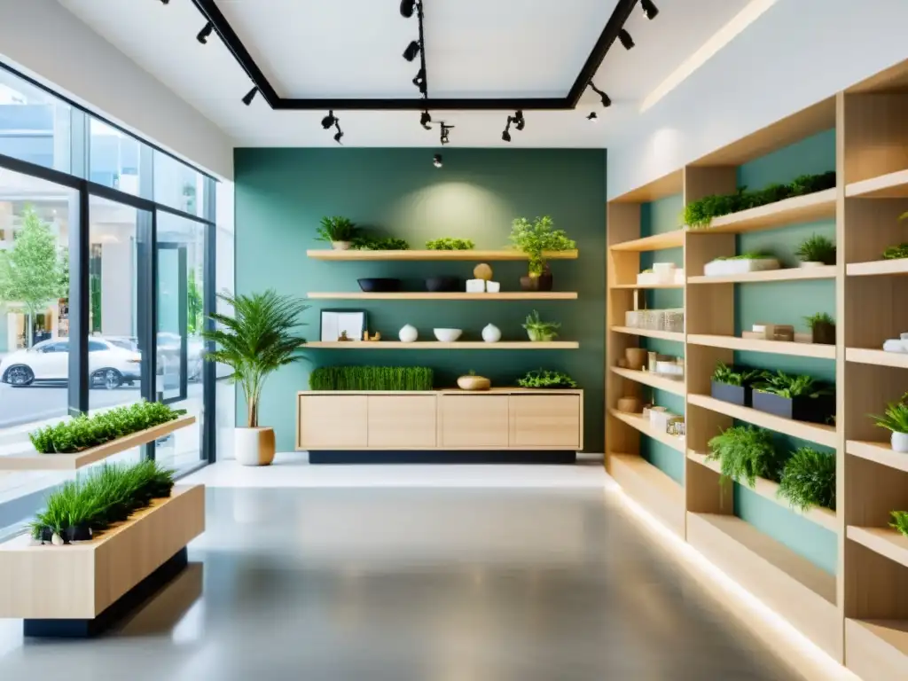 Tienda moderna con impacto del feng shui: armonía y tranquilidad en espacios equilibrados con luz natural, agua y vegetación