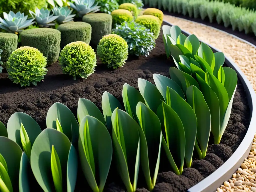 Jardín Feng Shui con acolchado de tierra y piedras, armonía y equilibrio en la luz dorada de la tarde