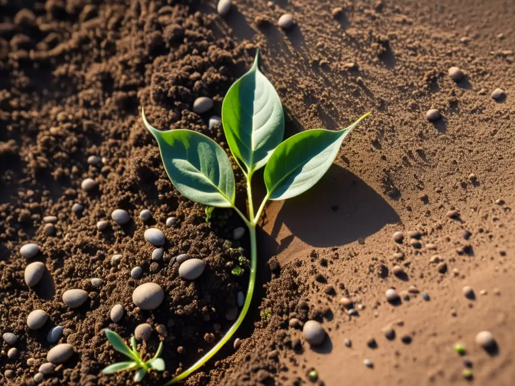 Una tierra fértil y serena con brotes verdes, representa los cinco elementos en la naturaleza