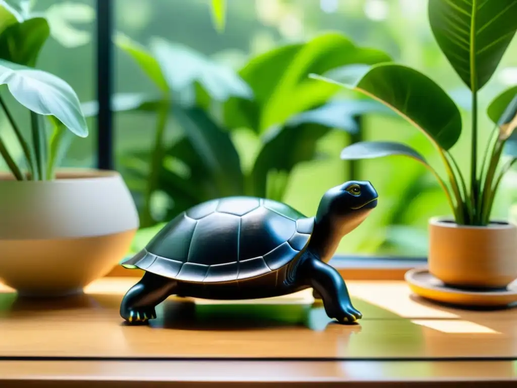 Una tortuga negra en un espacio sereno y equilibrado, rodeada de plantas verdes y muebles de madera natural