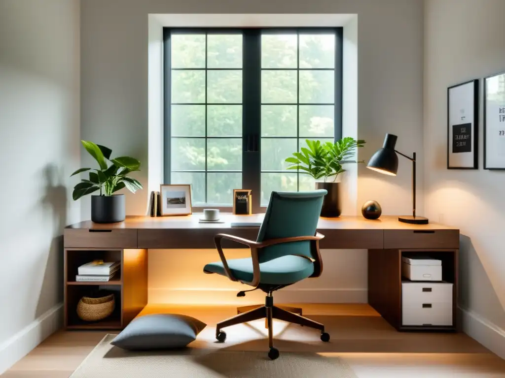 Un rincón de trabajo en casa con escritorio de madera, luz natural y armonía, perfecto para aplicar el Feng Shui para home office