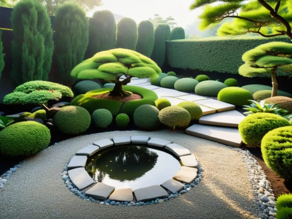 Un jardín de Feng Shui tradicional con un ambiente sereno, equilibrado y armonioso