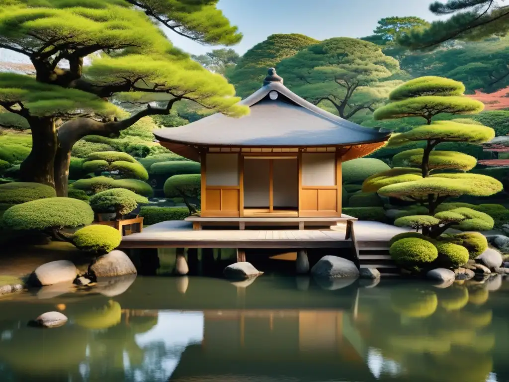 Tradicional casa de té japonesa en armonía con la naturaleza, integración del Feng Shui en arquitectura