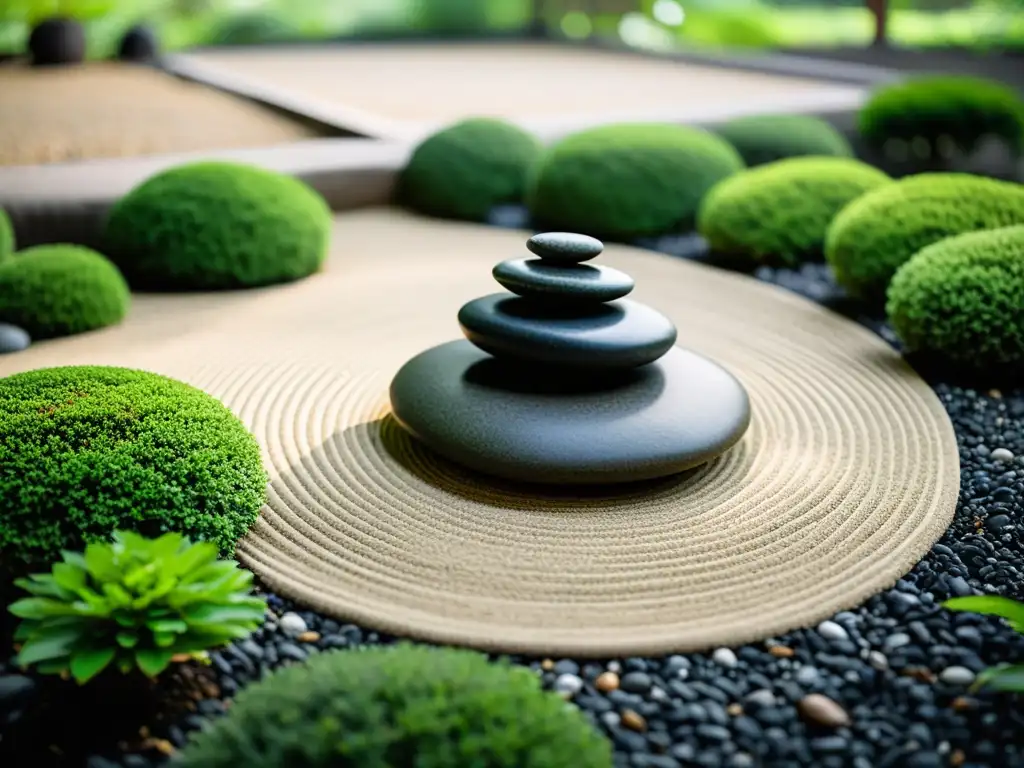 Un jardín zen tradicional con rocas estratégicamente colocadas, rodeado de vegetación exuberante y luz natural