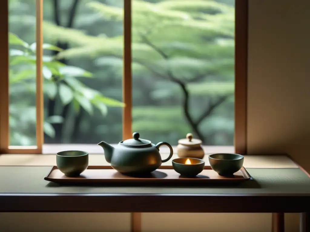 Una tranquila ceremonia del té con un set elegante en un ambiente sereno