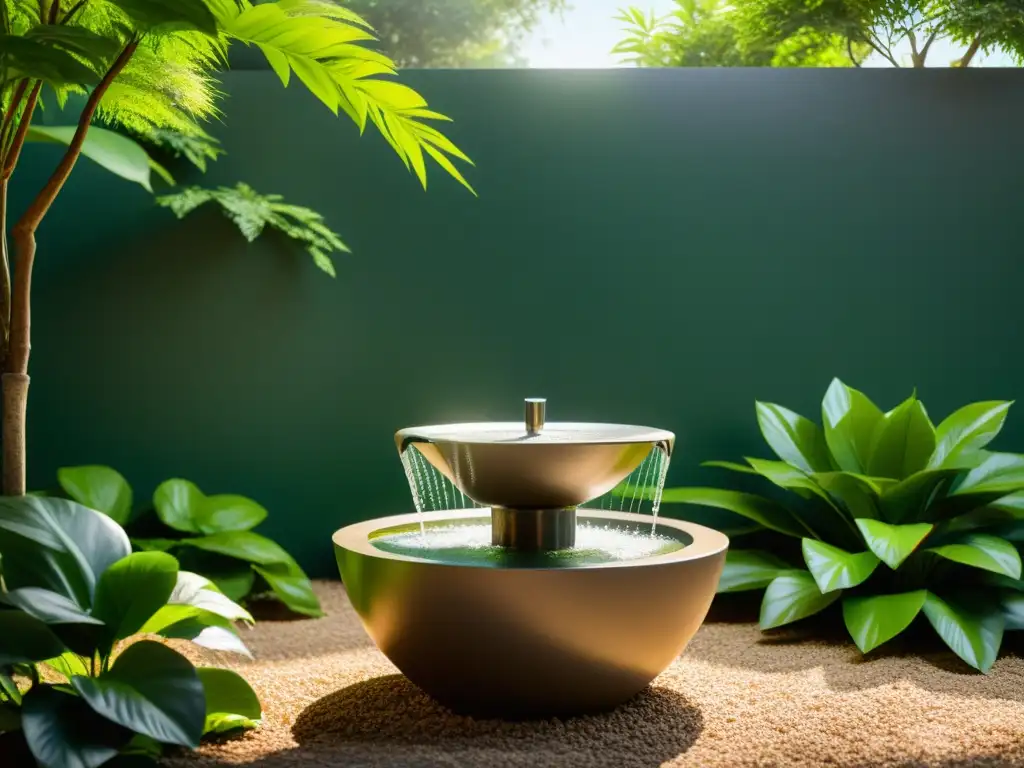 Tranquila fuente de agua rodeada de exuberante vegetación, ideal para limpieza energética Feng Shui