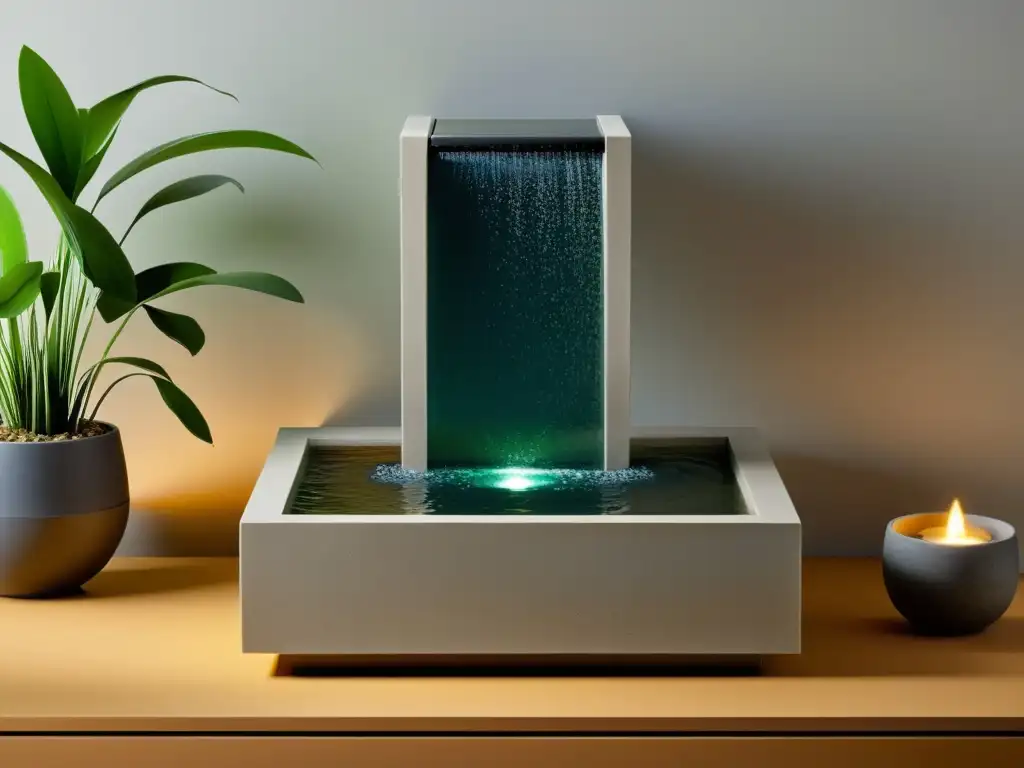 Tranquila fuente de agua en Feng Shui, con suave flujo de agua sobre piedra pulida, creando un ambiente armónico y sereno