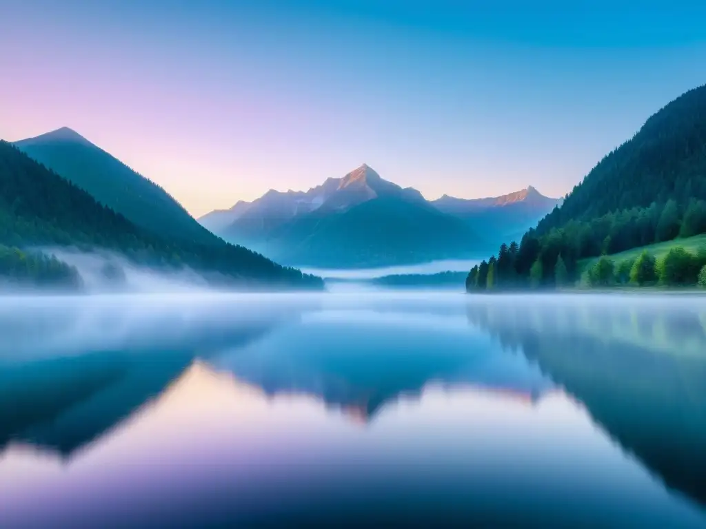 Fotografía paisajística Feng Shui que transmite tranquilidad con un lago sereno rodeado de montañas reflejadas en la suave niebla matutina